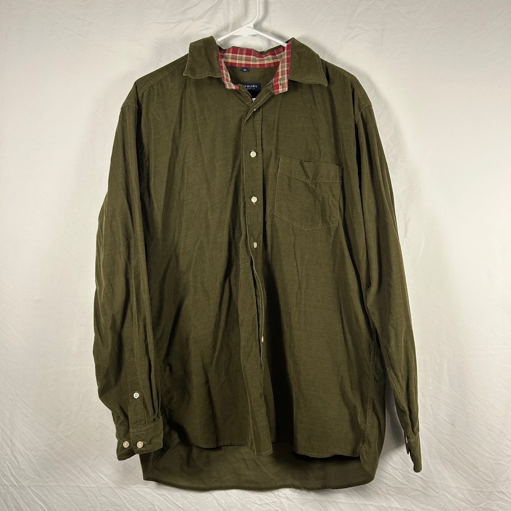 Vintage Westbury C&A Mens Olive Green Corduroy Button Down Shirt Plaid Trim 42‎